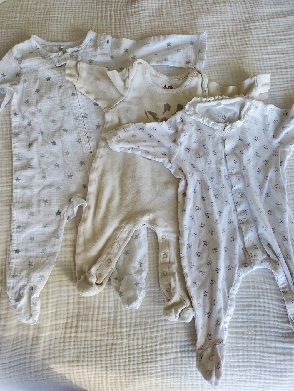 Neutral Cream & White Baby Footed Onesies - Set Of 3